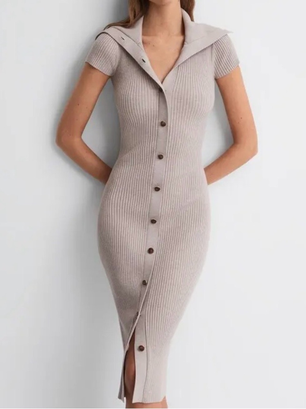 REISS Megan Knitted Ribbed Midi Dress Neutral small tan